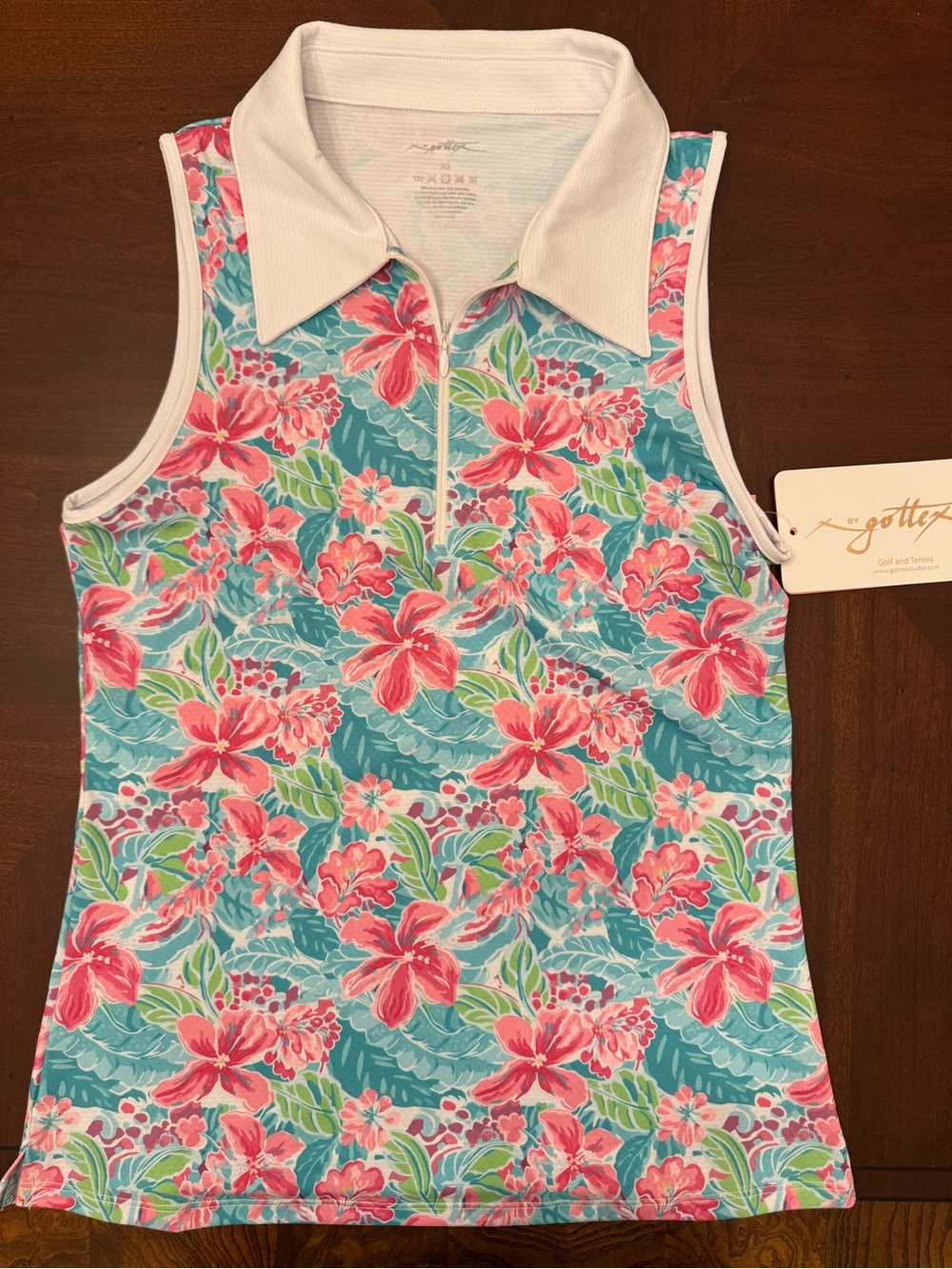 Gottex Athletic Lightweight Sleeveless Polo with Subtle Pastel Floral Print